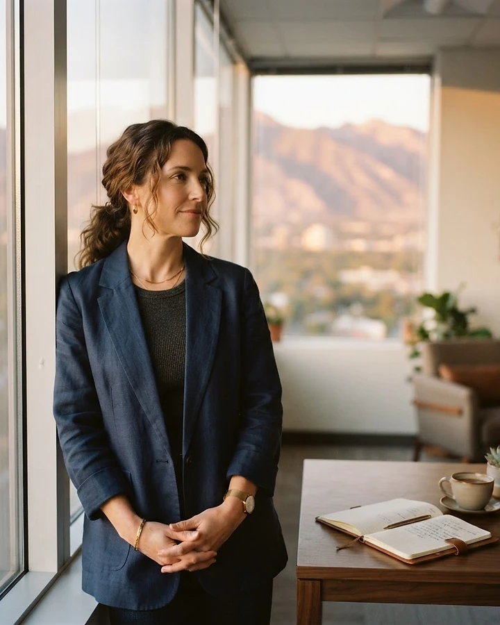 A business owner standing calmly by a window at golden hour, looking out toward distant mountains — calm, confident, and forward-looking