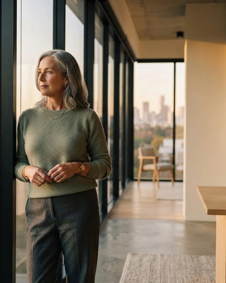 A leader looking thoughtfully out a window in a calm, sunlit workspace