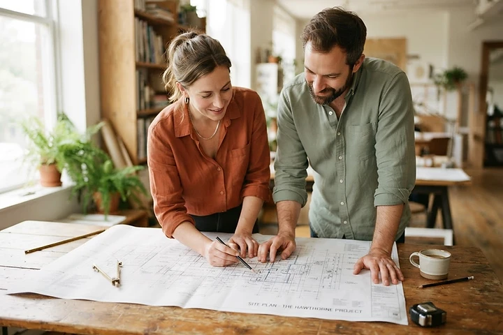 Two colleagues collaborating over a document on a wooden table