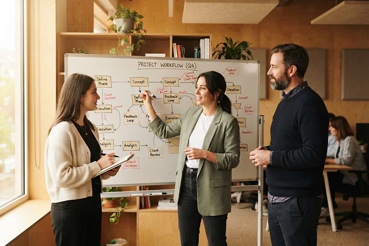 A team collaborating around a whiteboard with hand-drawn process diagrams