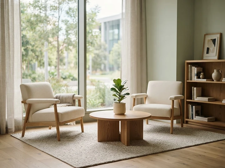 A calm, inviting corner with two chairs arranged for a conversation
