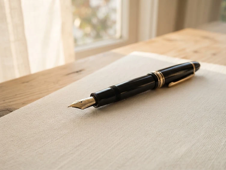 A fountain pen resting on linen-textured paper in soft morning light