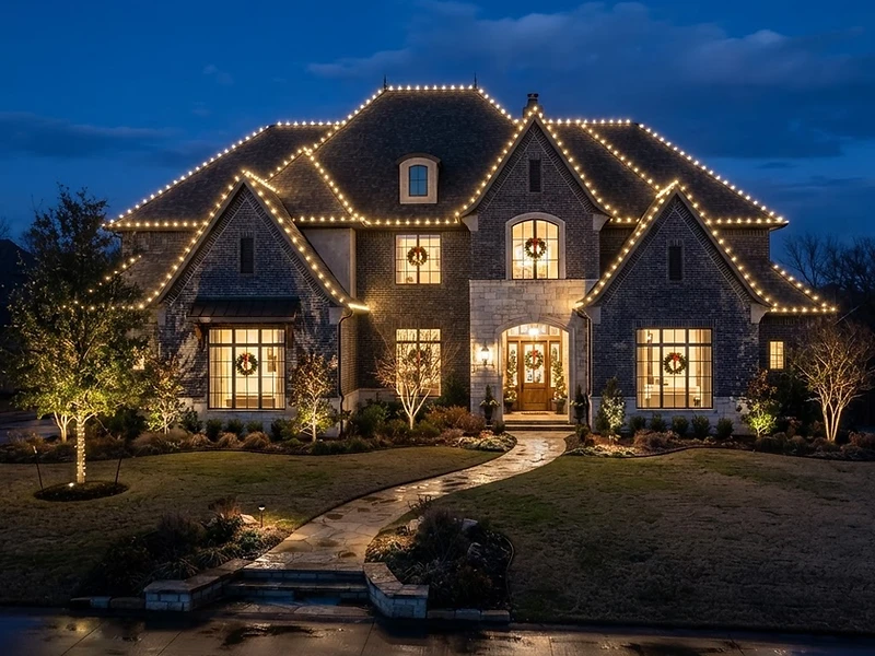 Luxury Oklahoma estate illuminated with warm white holiday lights at blue hour