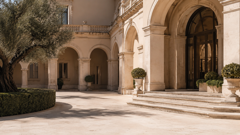 Elegant Italian building with arcades and courtyard