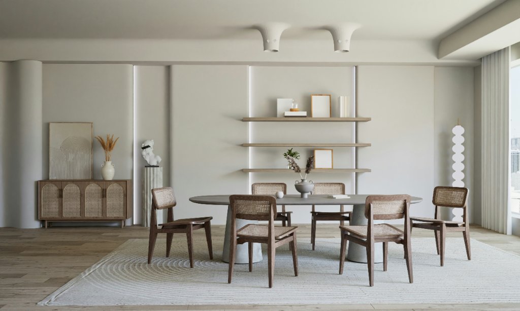 Real modern dining room with table and chairs