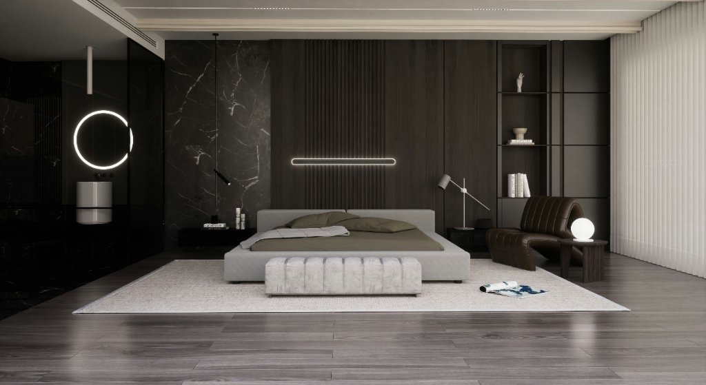 Real modern bedroom with bed and armchair