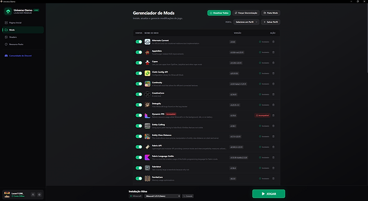 Gerenciador de mods do Universo Eterno Launcher