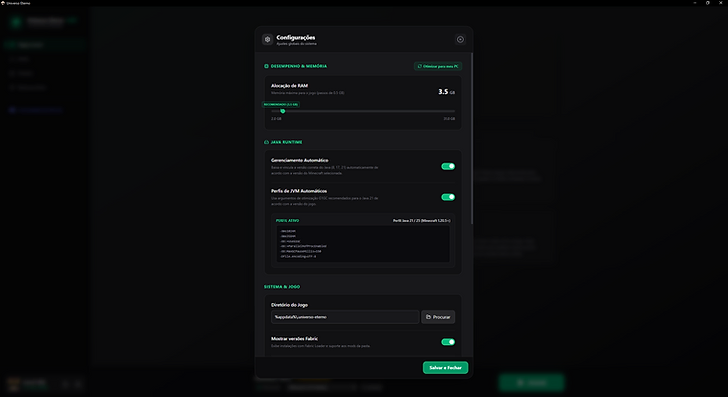 Configurações de desempenho, memória e Java do launcher