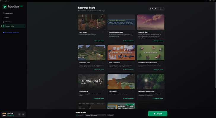 Painel de resource packs do launcher