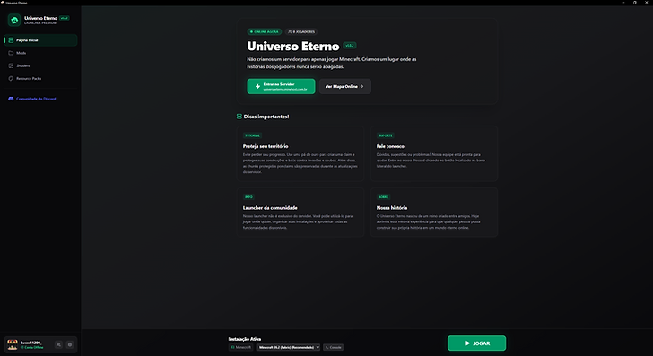 Página inicial do Universo Eterno Launcher com status do servidor e atalhos