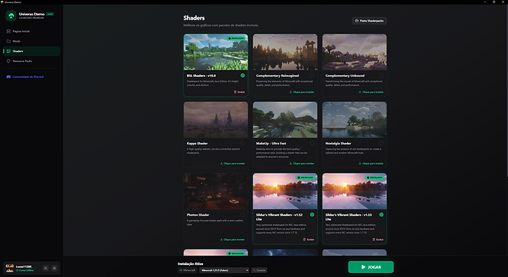 Painel de shaders do launcher