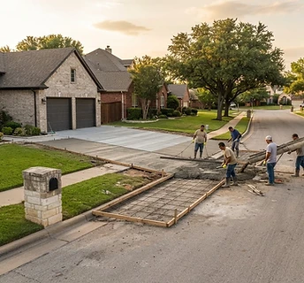 Concrete crew working on a Fort Worth residential driveway