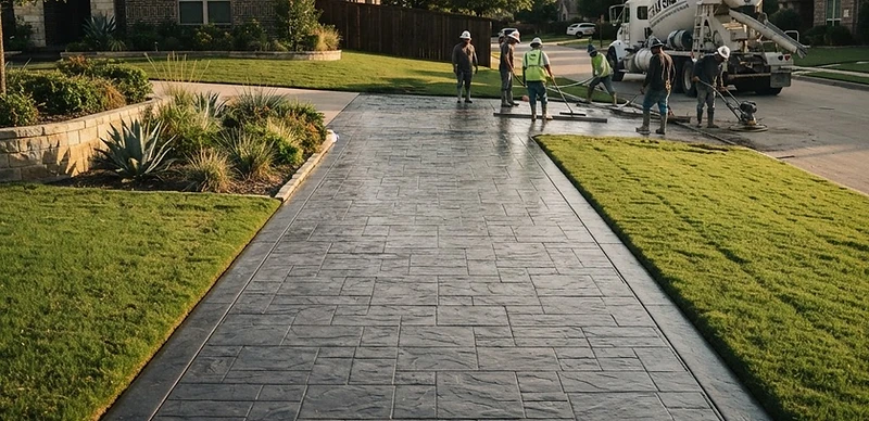 Stamped concrete driveway merging with manicured lawn