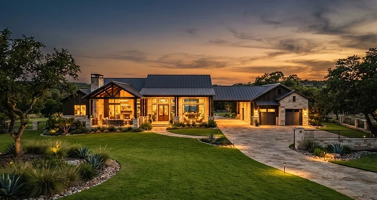 Modern Texas ranch-style home at golden hour
