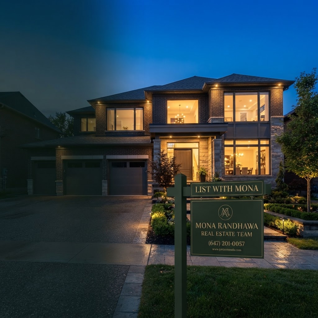 Mona Randhawa for-sale sign outside a modern luxury home