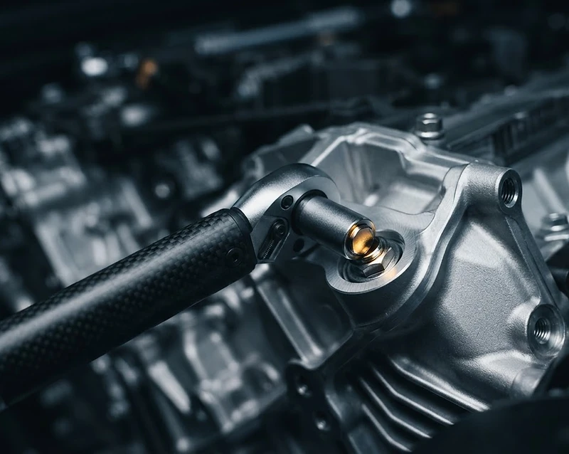High-end torque wrench tightening a bolt on a pristine engine block