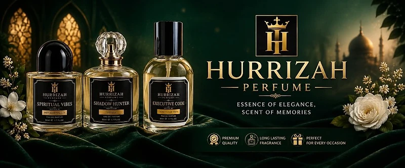 Hurrizah Perfume banner with three fragrances on emerald velvet