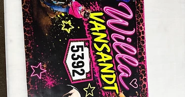 Custom barrel-racing banner for Willa Vansandt printed by Five-O Graphics
