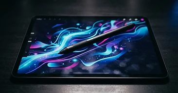 Stylus on a matte black tablet reflecting a vibrant graphic interface