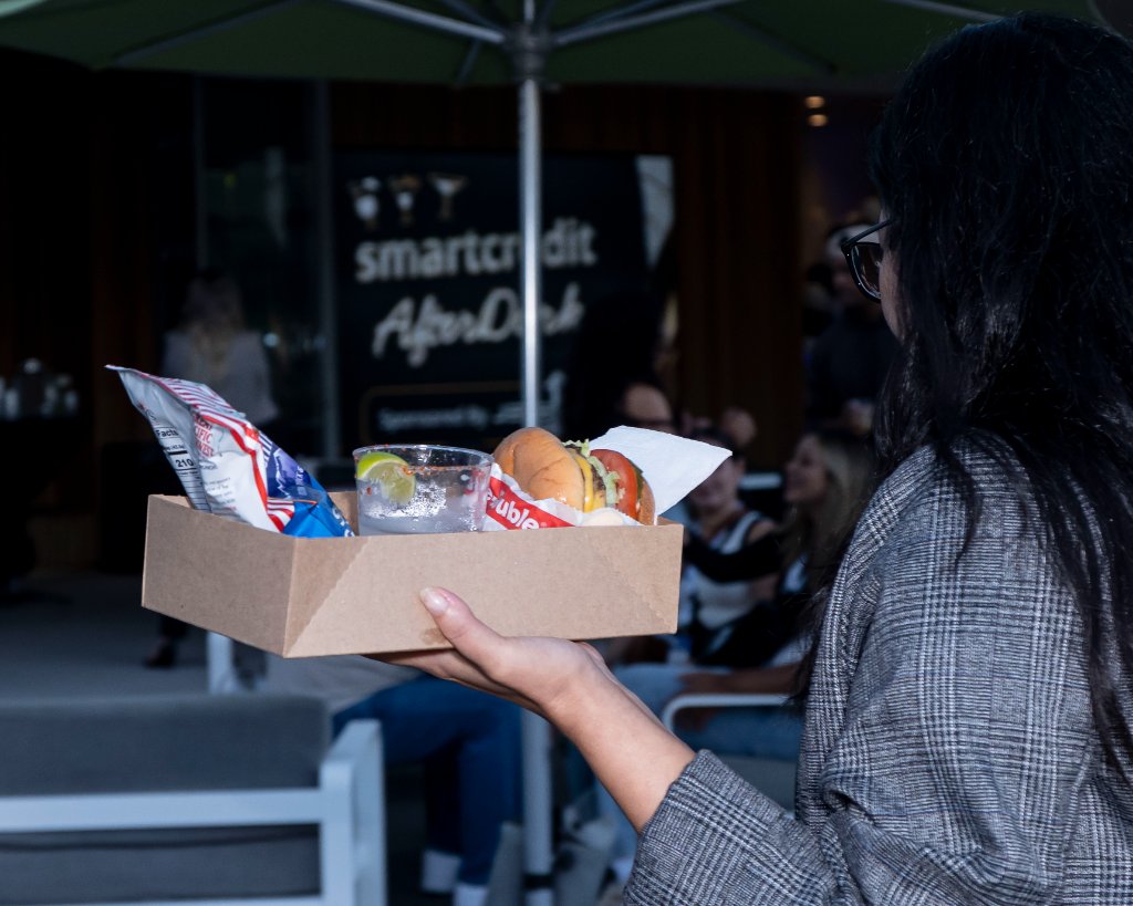 Burger, chips, cocktail