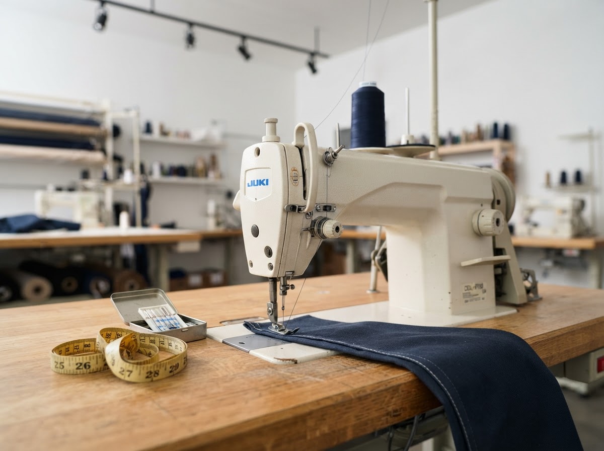 Professional alterations tools including thread, needles, and measuring tape on a clean surface