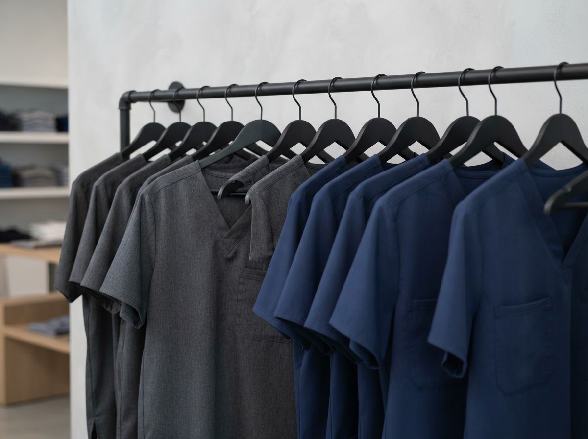 Men's scrubs organized on display rack