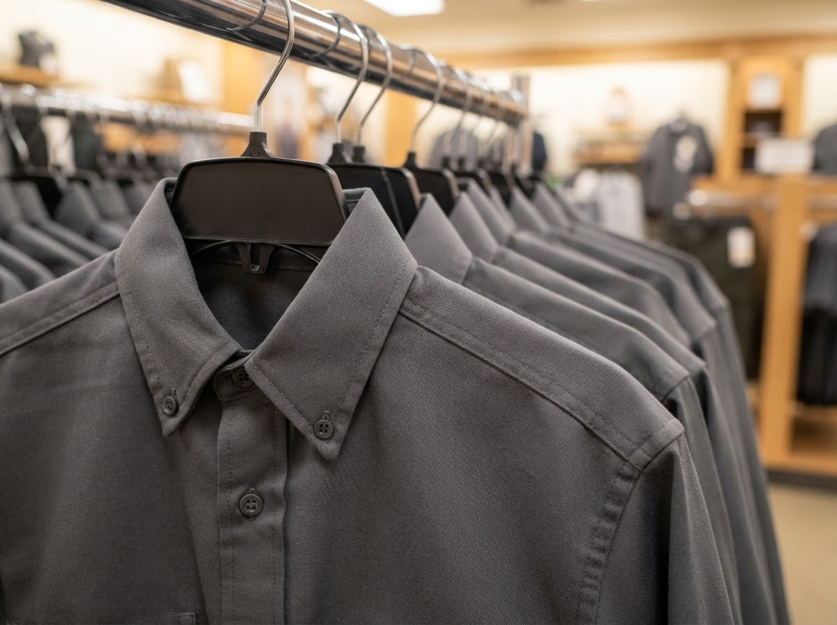 Pressed work uniform shirts on a rack