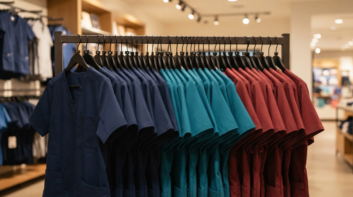 Name-brand scrub tops hanging on a retail rack in warm professional lighting
