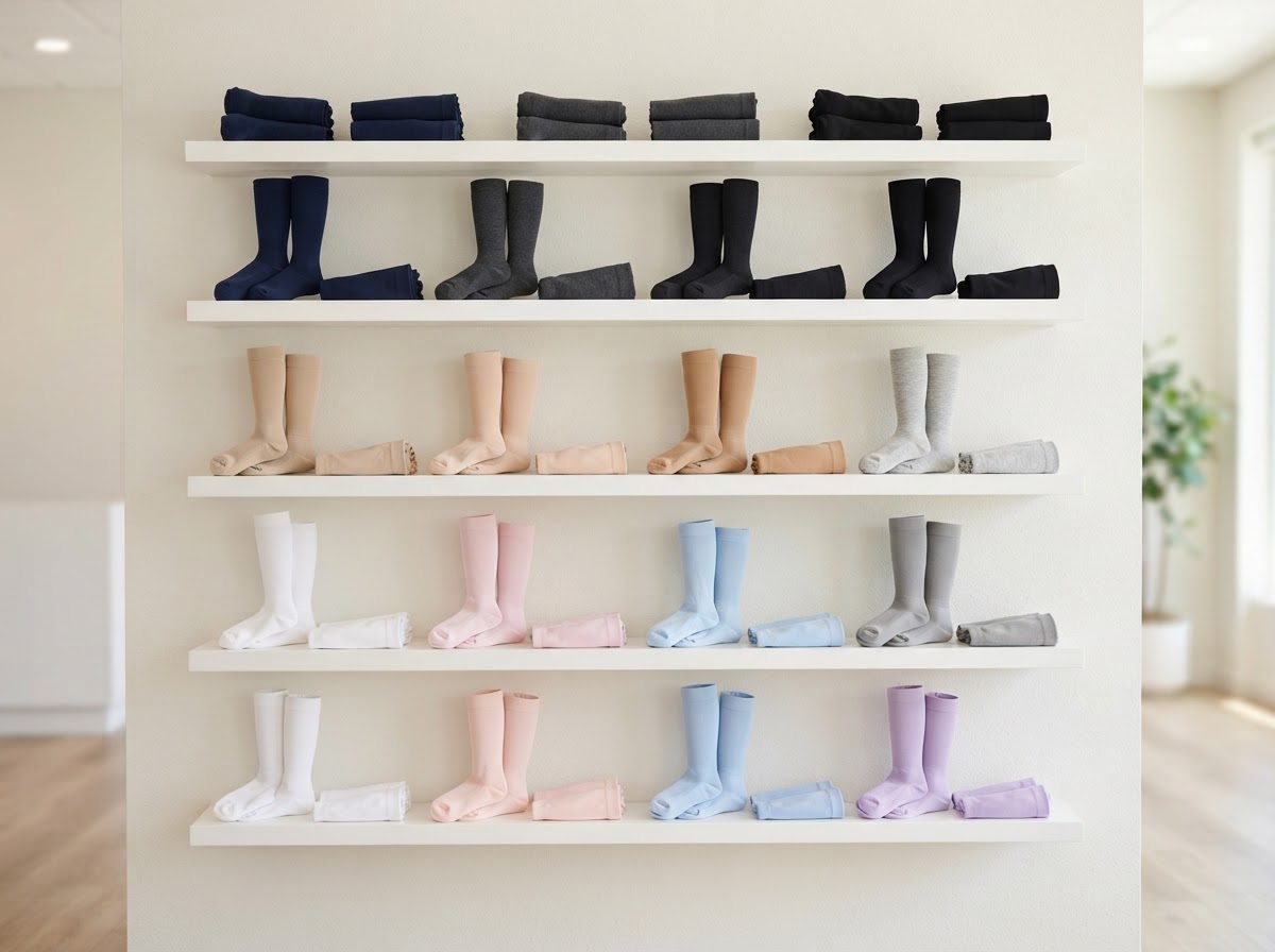 Compression socks and accessories on shelf