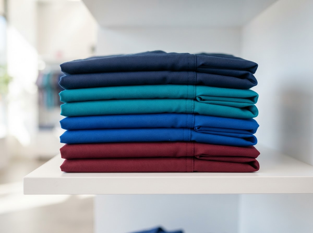 Name-brand scrubs folded on retail shelf