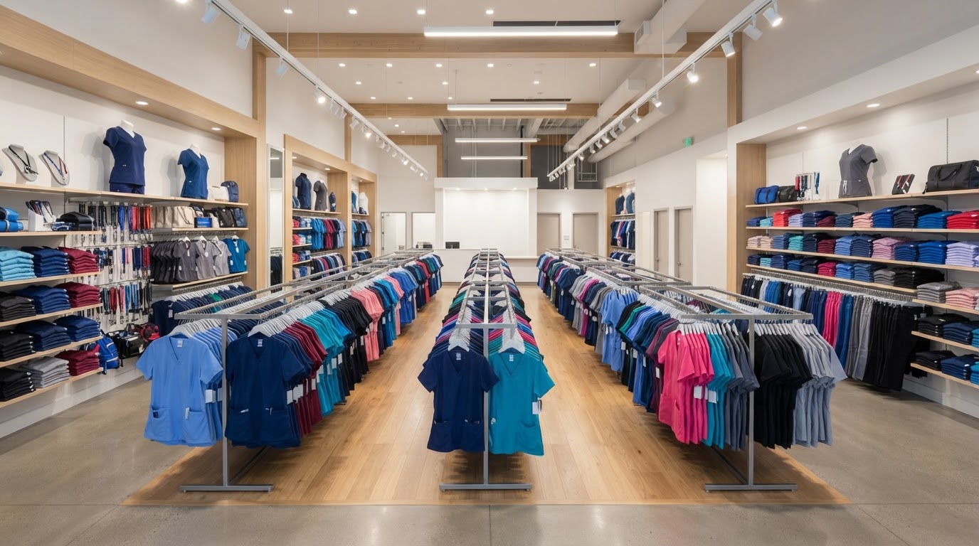 Wide clean shot of a professional uniform store interior with organized racks of colorful scrubs and accessories under professional lighting