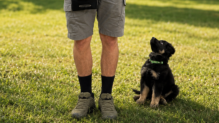 A trainer with a young German Shepherd puppy on a grassy field