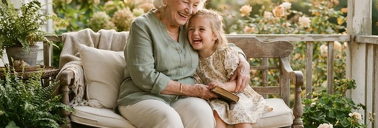 An elderly woman smiling warmly with a grandchild in natural golden hour light