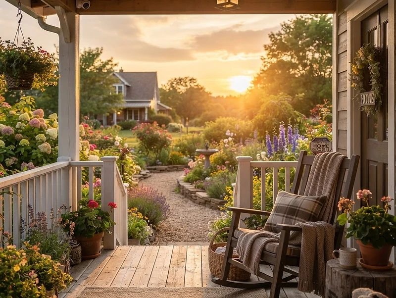 A serene porch overlooking a peaceful garden at sunset