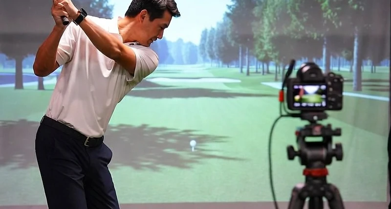 Golfer mid-swing in an indoor golf simulator