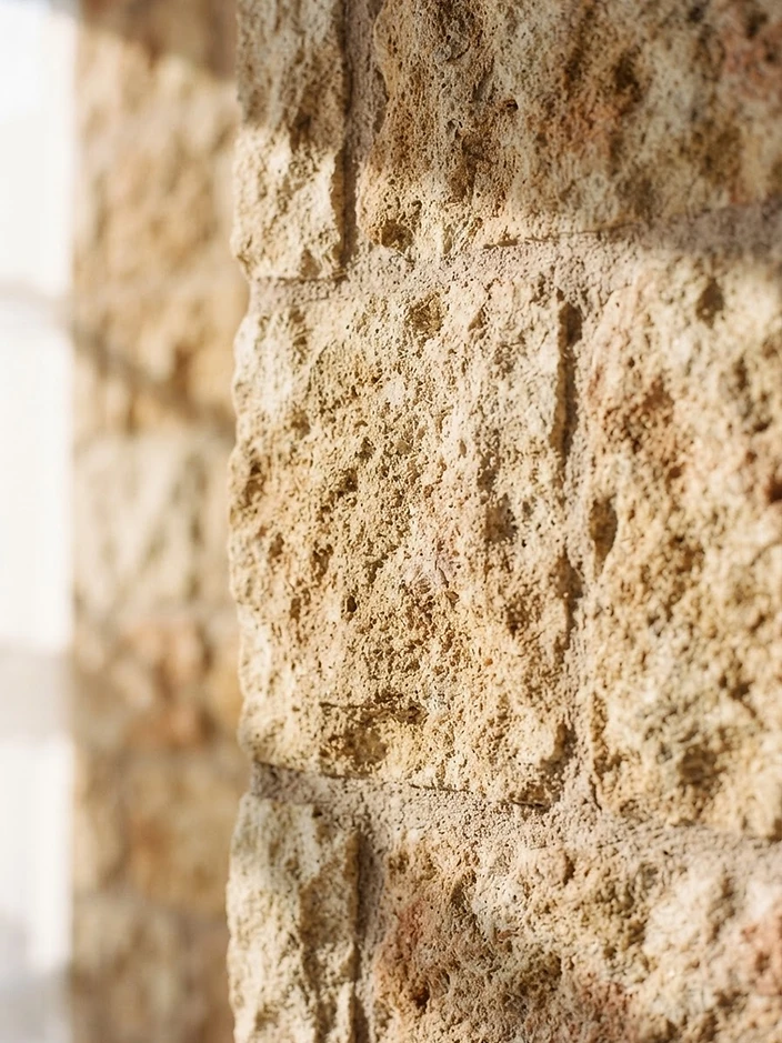 Natural cantera stone detail in warm sunlight