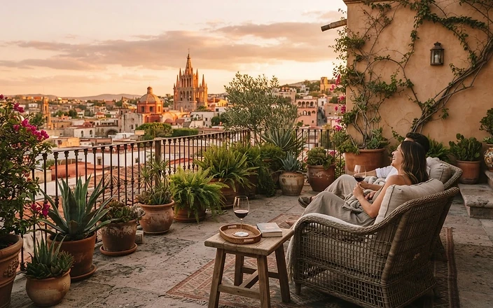 Terrace overlooking San Miguel de Allende at golden hour