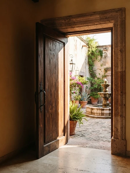 Architectural detail of a wooden pivot door opening to a courtyard