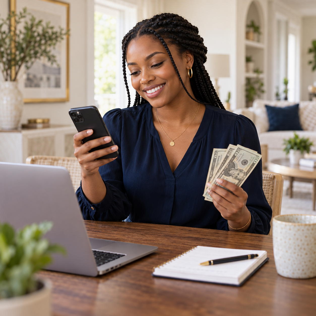 Illustrative photo of a woman checking her finances