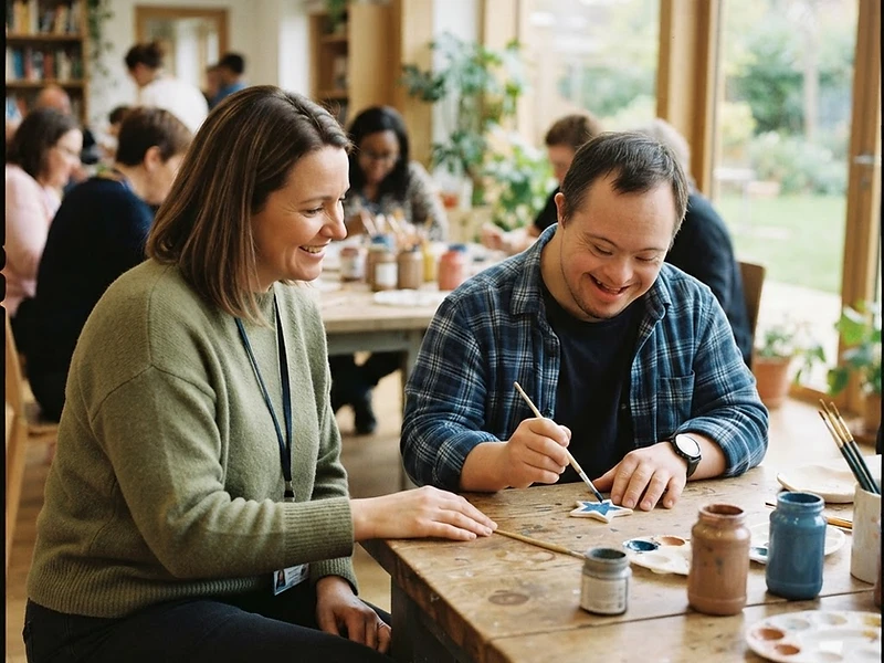 A support worker and adult with Down syndrome participating in a community activity together