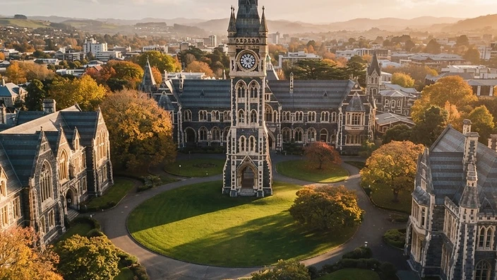 University campus with neo-Gothic stone architecture at golden hour