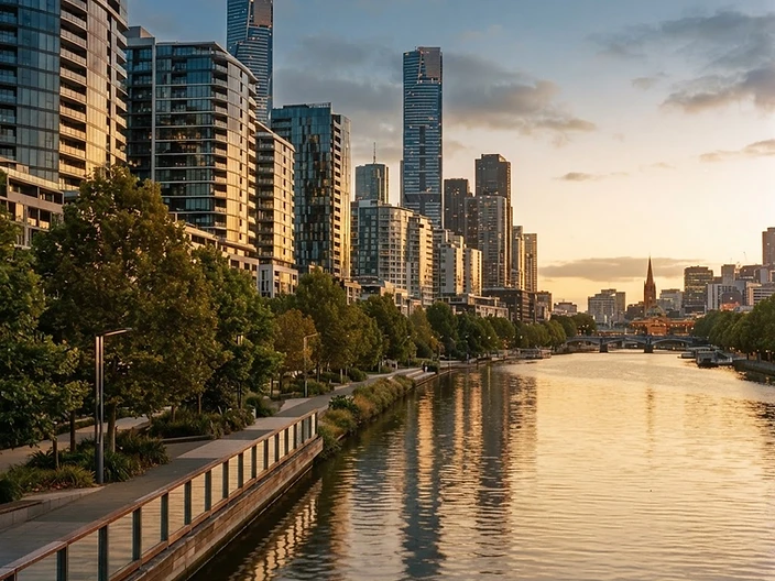 Modern Melbourne riverside architecture at golden hour