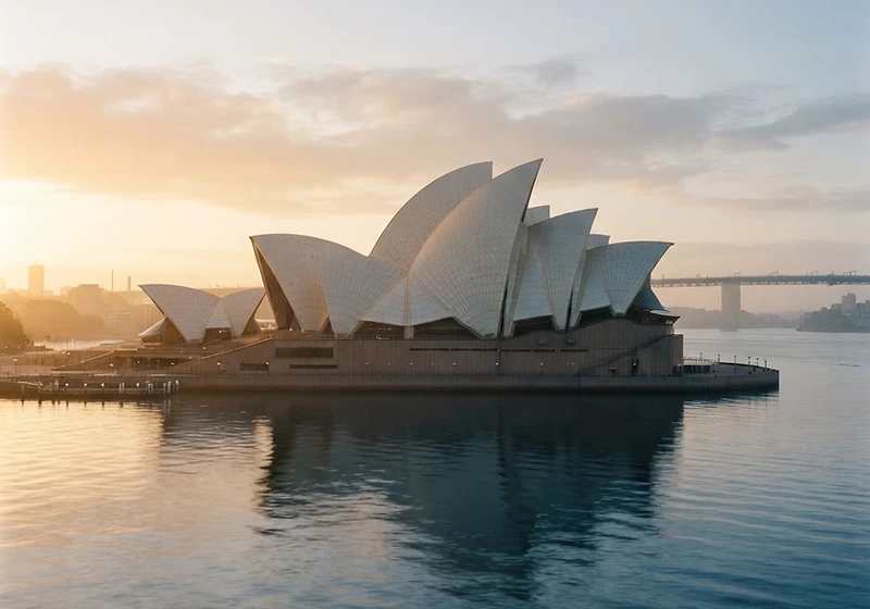 Sydney Opera House sails at golden sunrise over the harbour