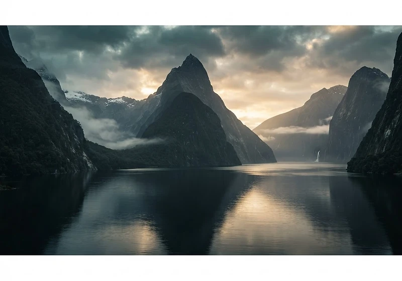 Milford Sound — New Zealand's iconic fjord with Mitre Peak rising from still misty water
