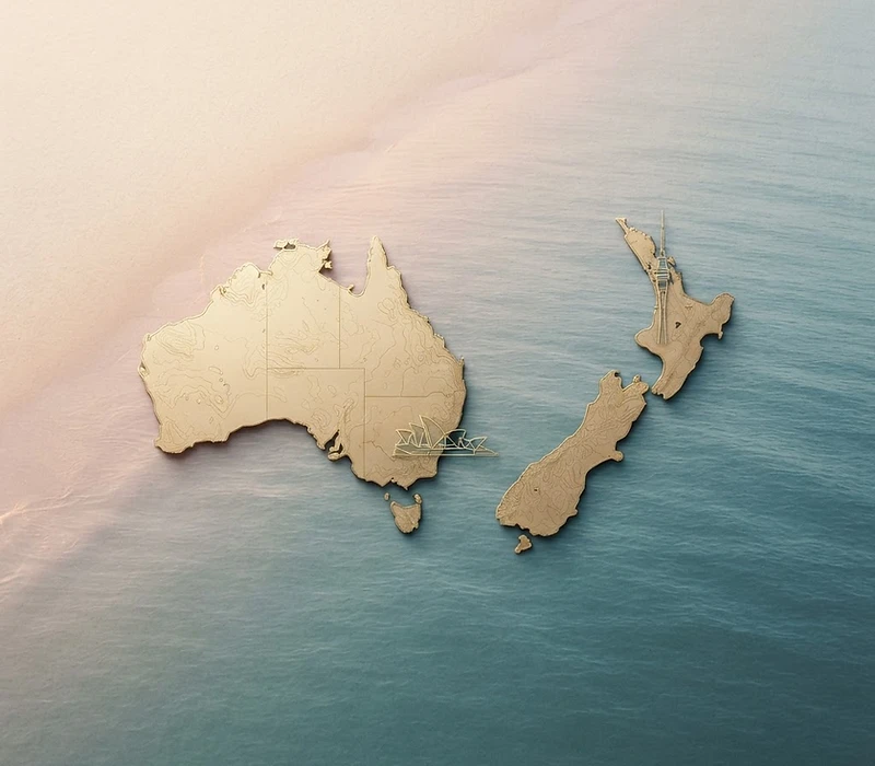 Stylised maps of Australia and New Zealand floating over calm sea at dawn, with Sydney Opera House and Auckland Sky Tower silhouettes — the countries Kahlon Migration Consultants serves