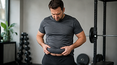 A bearded man in a gym gripping his midsection, looking down with a concerned, puzzled expression about body fat and weight