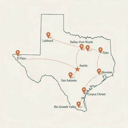 Map of Texas showing the nine planned Listening Tour regions