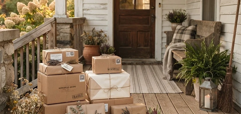 Rustic farmhouse porch with stacked shipping boxes