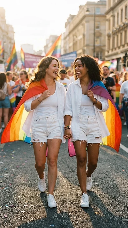 The Classic White Canvas — pride outfit inspiration featuring a lesbian couple in coordinated pride looks