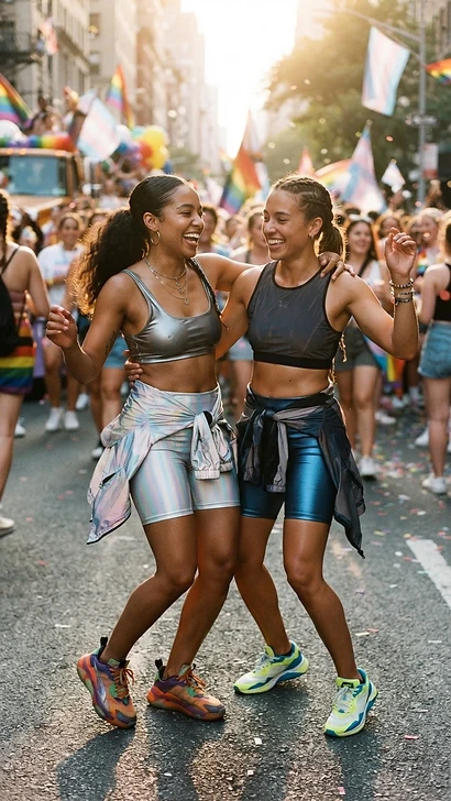 The Sporty Spice Techwear — pride outfit inspiration featuring a lesbian couple in coordinated pride looks